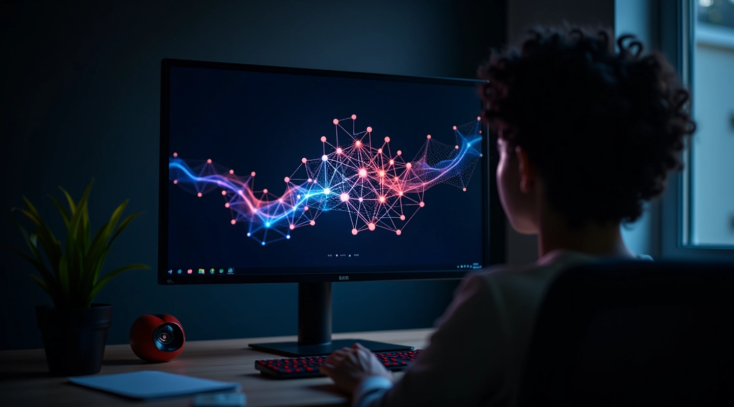 Modern computer monitor displaying neural network architecture diagram on desk
