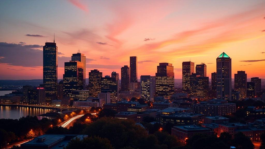 Montreal downtown skyline at sunset with illuminated financial district towers reflecting economic activity and currency markets